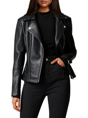 Womens Black Polyester Faux Varsity Motorcycle Stylish Elegant Leather Jacket